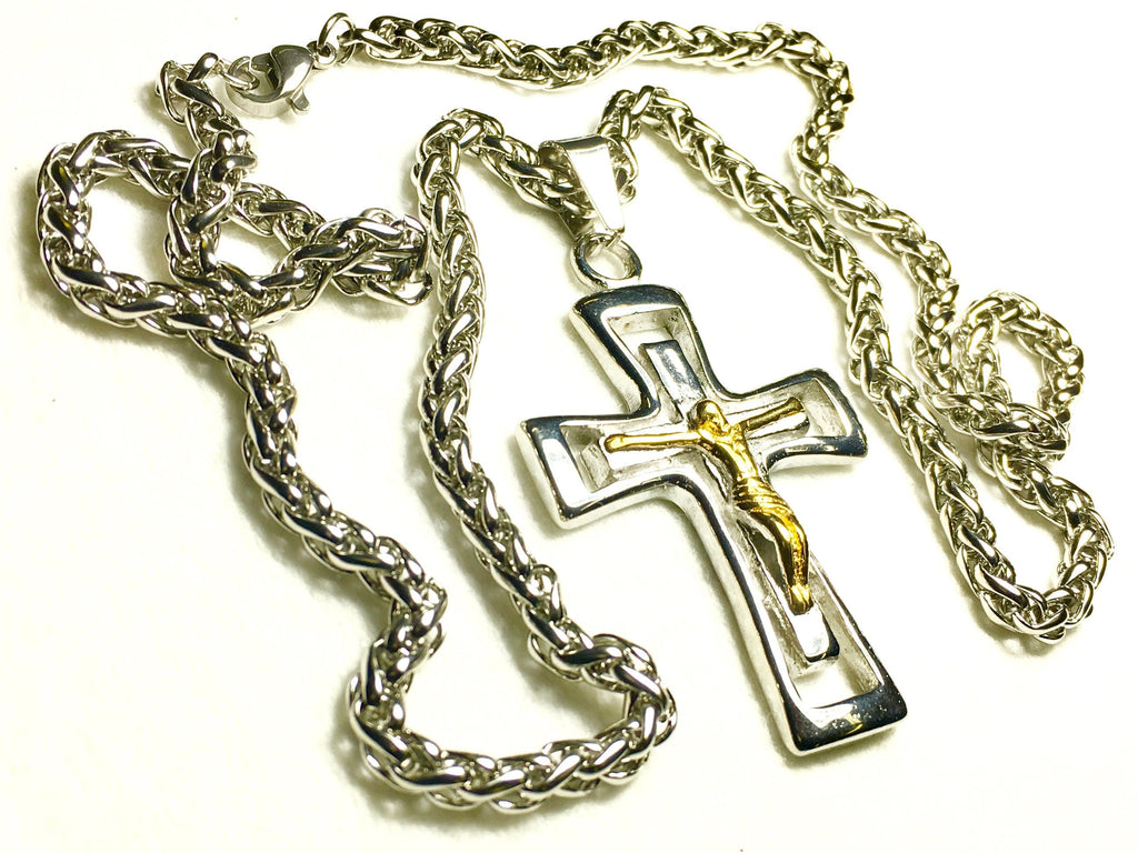 Gold-tone and silver-tone crucifix pendant necklace with link chain