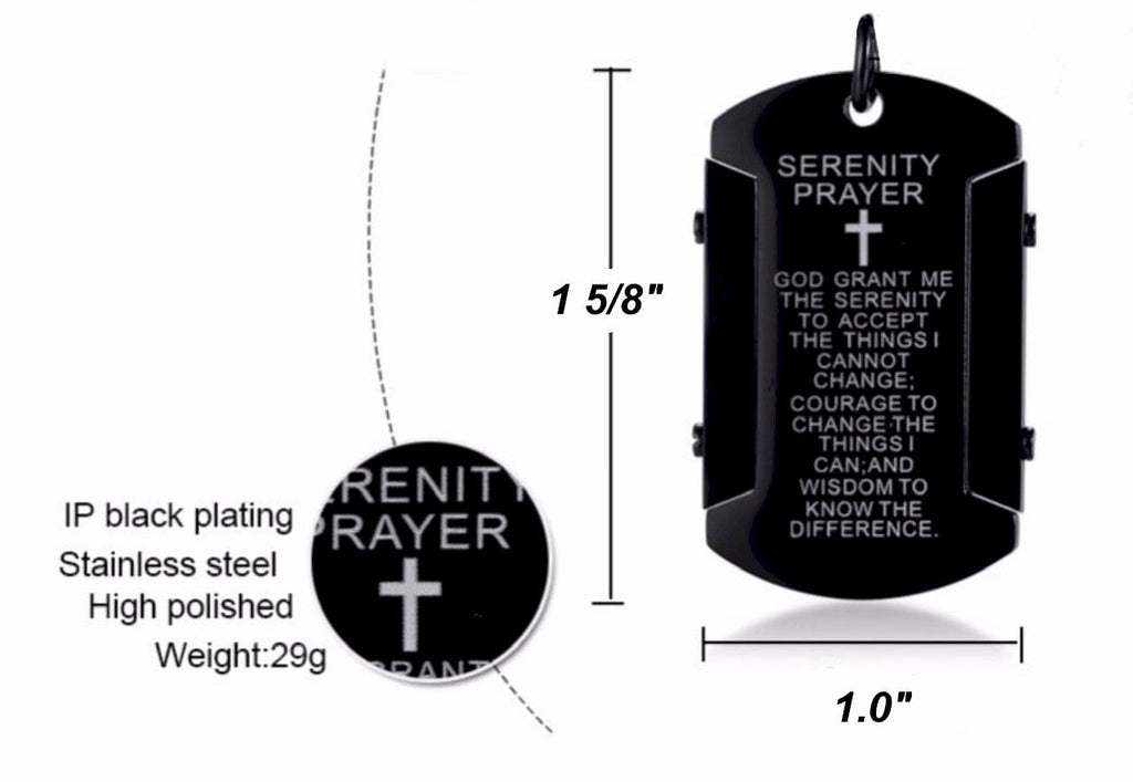 Black serenity prayer dog tag necklace pendant with cross and engraved lines
