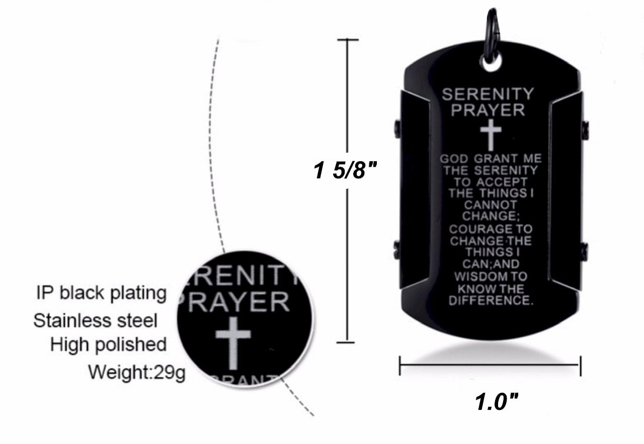Black serenity prayer dog tag necklace pendant with cross and engraved lines
