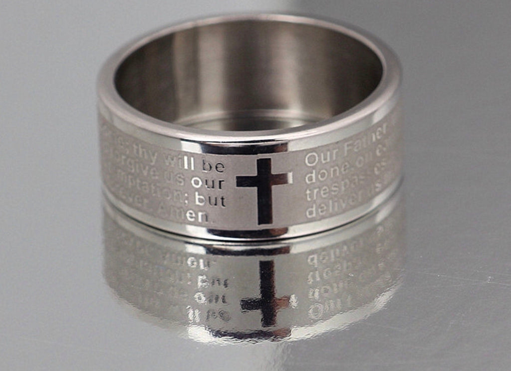 Stainless steel wedding ring with cross and engraved prayer text