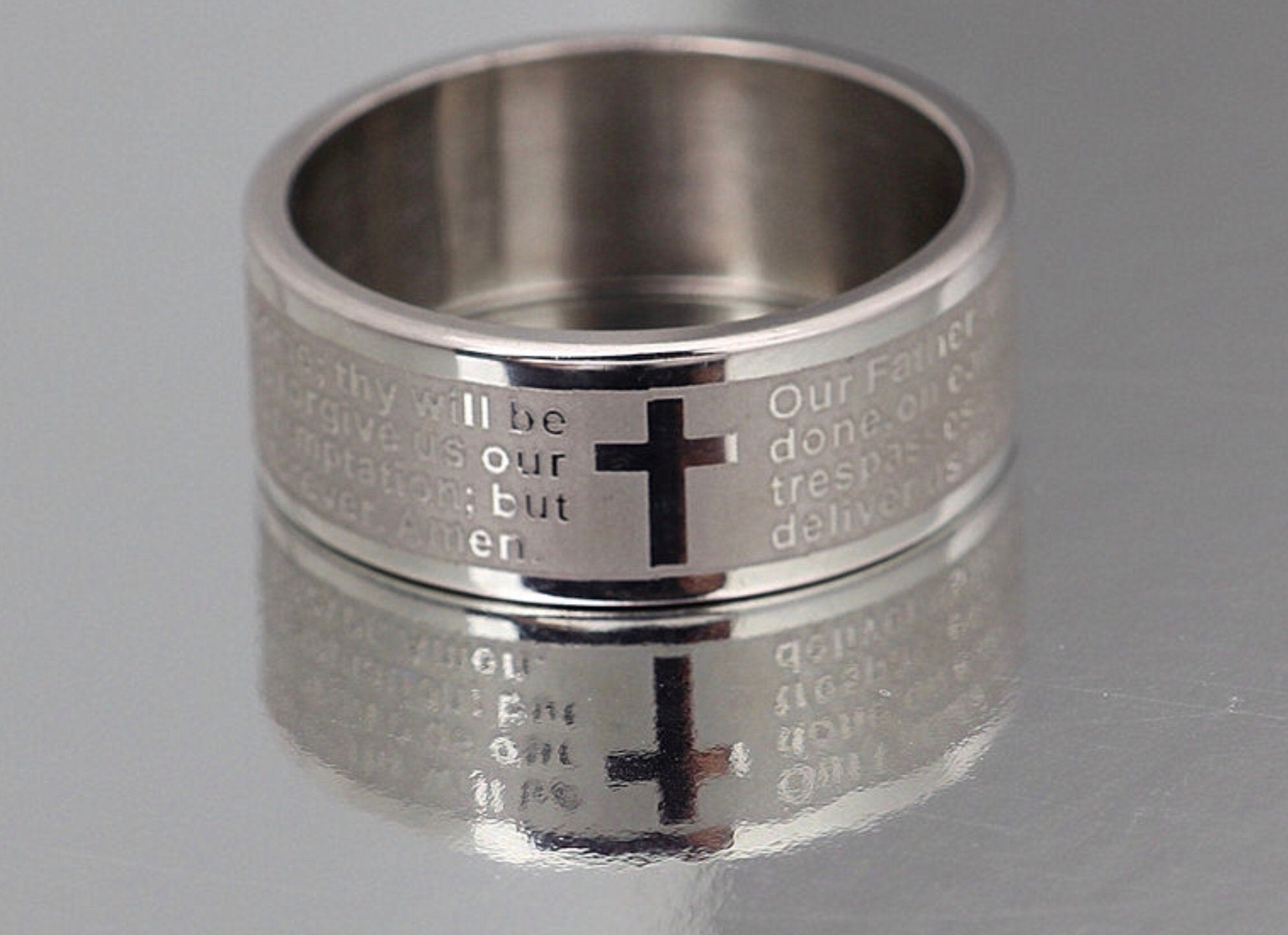 Stainless steel wedding ring with cross and engraved prayer text
