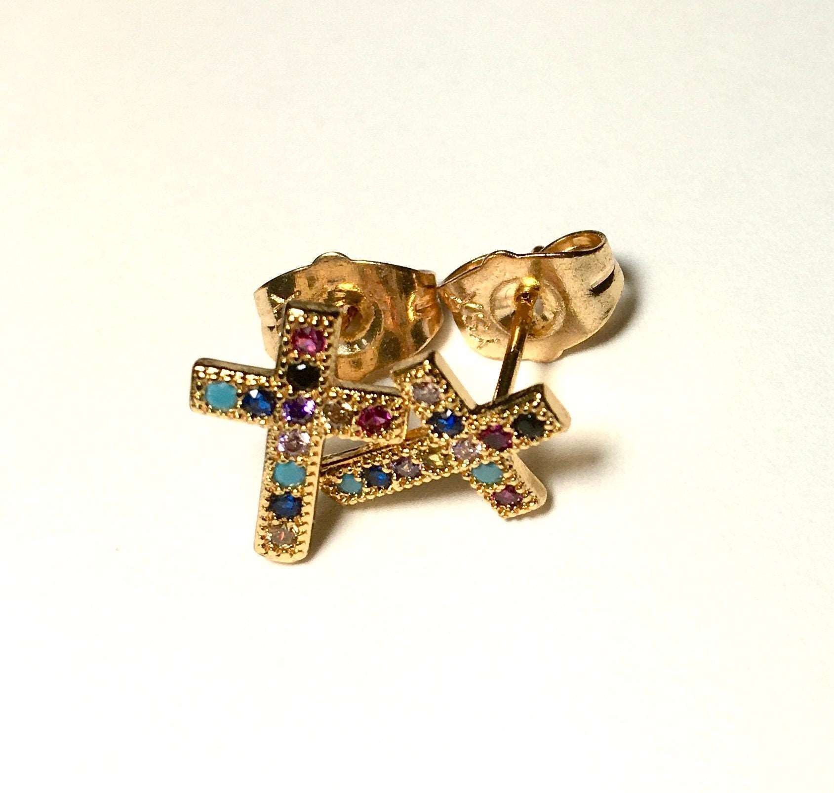 Gold cross earrings with multicolor zircon inlay, both backs visible