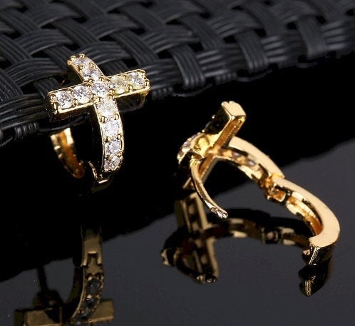 Cross hoop cuff earrings with gold cross hoops and sparkling CZ-style stones, hinged