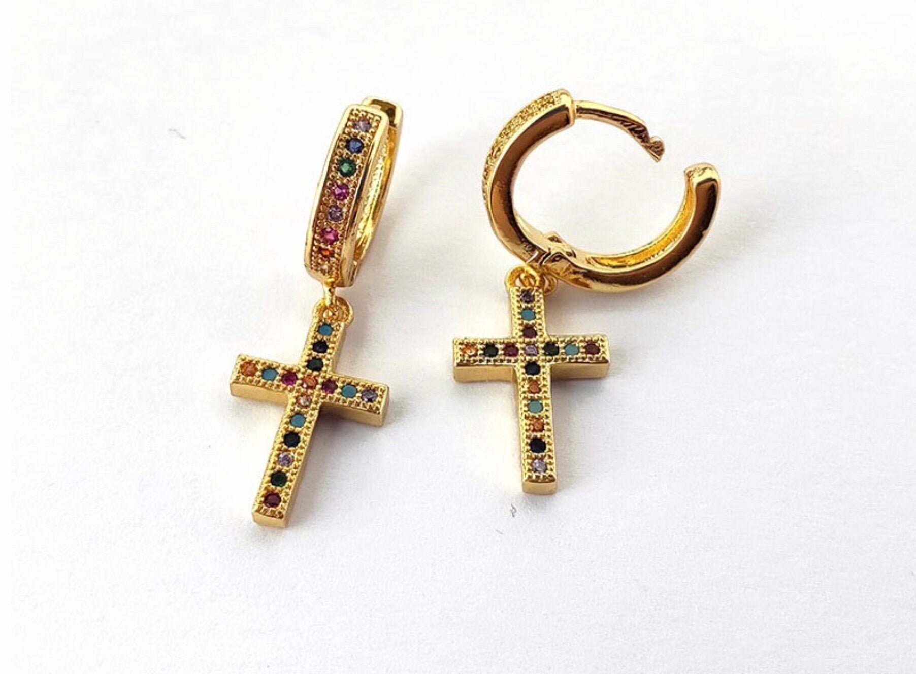 Gold cross hoop earrings with colorful zircon inlay, small hoop with dangle cross