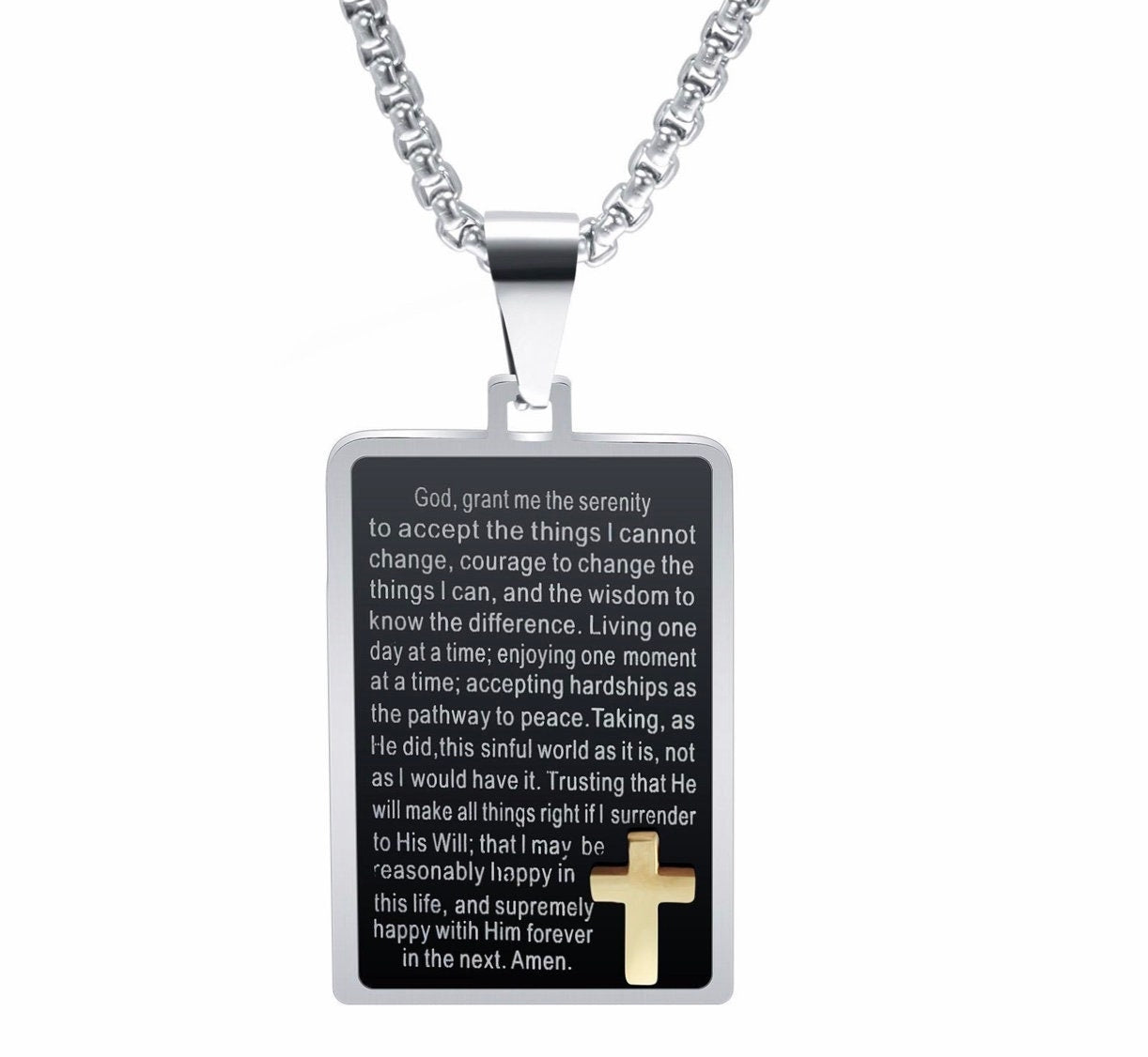 Serenity prayer dog tag necklace with black pendant, gold cross inset, silver chain