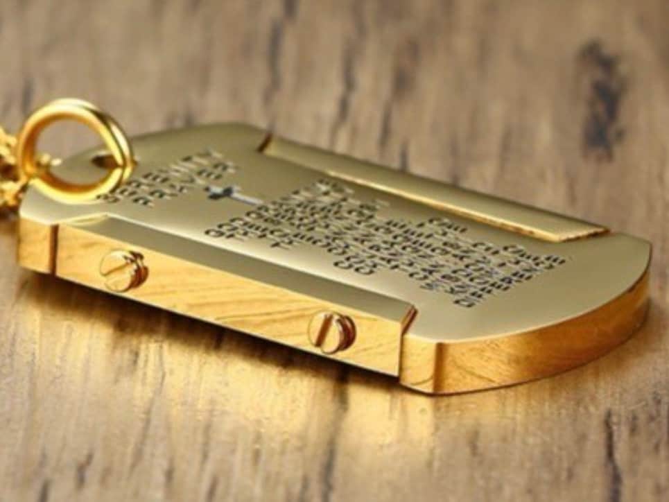 Gold serenity prayer dog tag necklace pendant with cross and engraved scripture