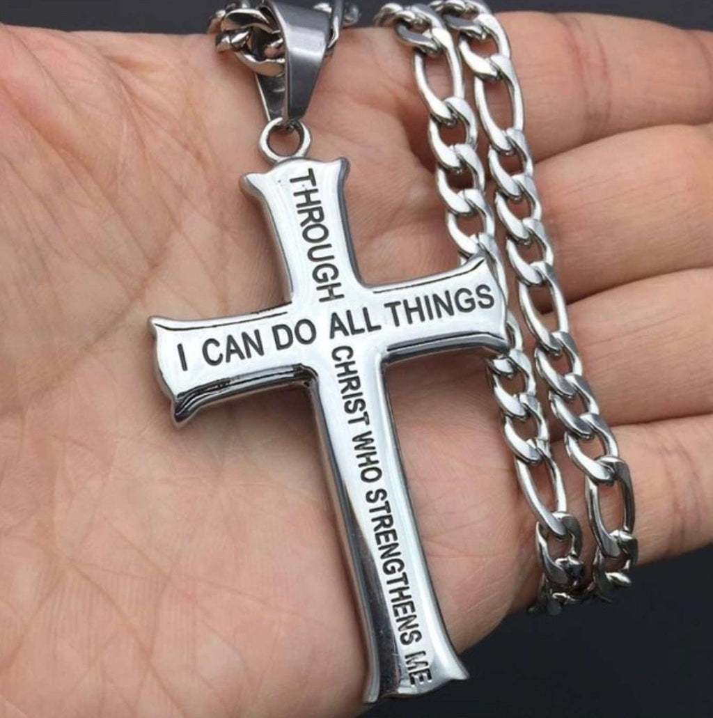 Silver cross pendant necklace with engraved 'I can do all things' scripture on chain