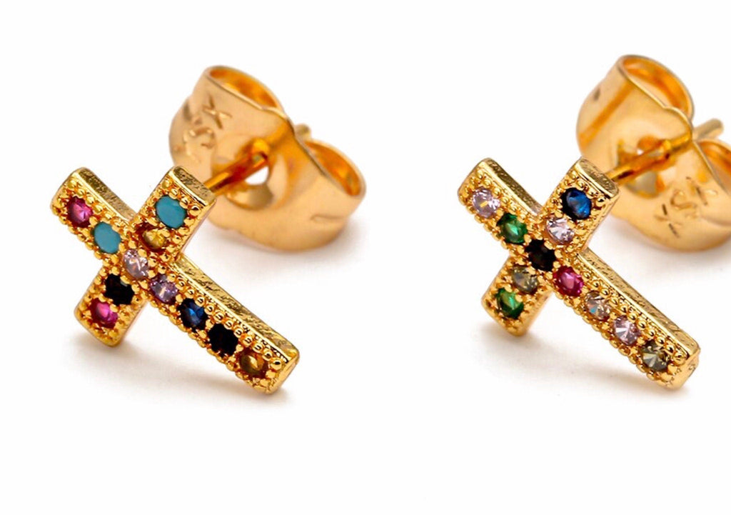 Pair of gold cross stud earrings with multicolor zircon inlay