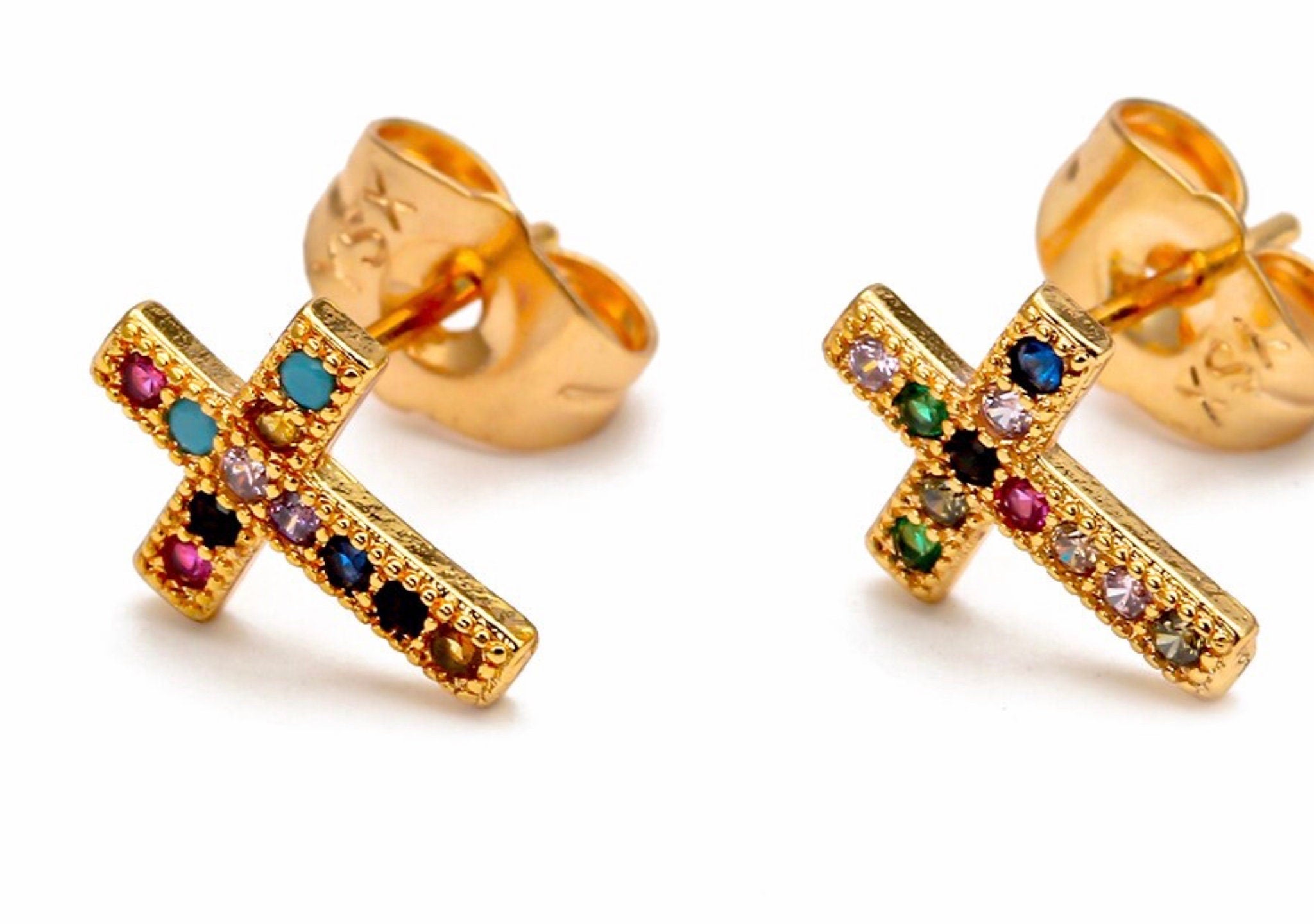 Pair of gold cross stud earrings with multicolor zircon inlay