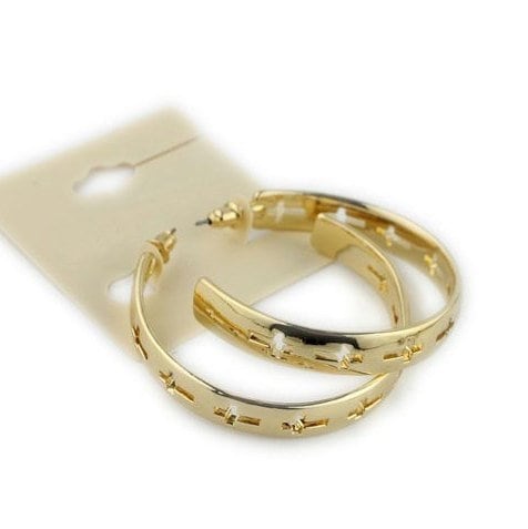 Gold hoop earrings with cutout cross pattern and stud post