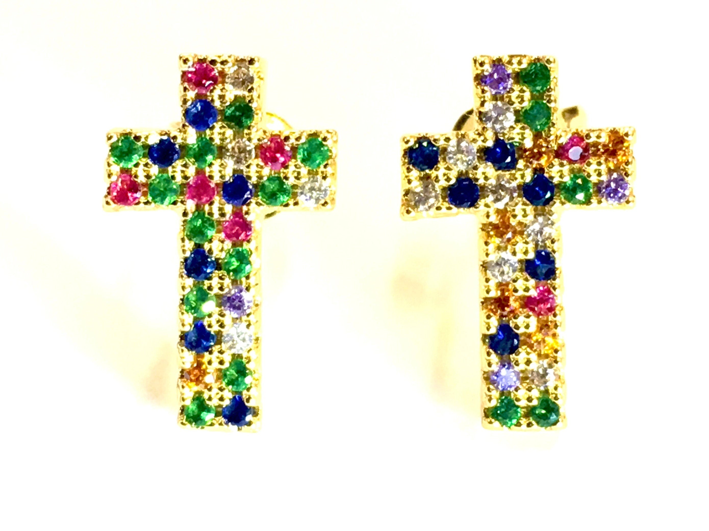 Gold-tone cross stud earrings with multicolor rhinestones, front pair view.