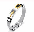 Stainless steel mesh cross bracelet with gold raised cross and black accents
