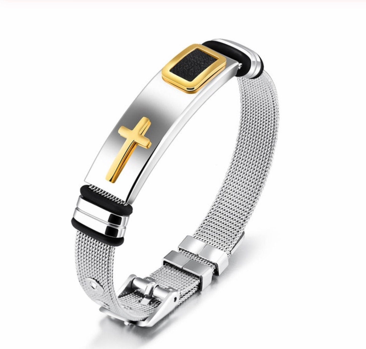 Stainless steel mesh cross bracelet with gold raised cross and black accents