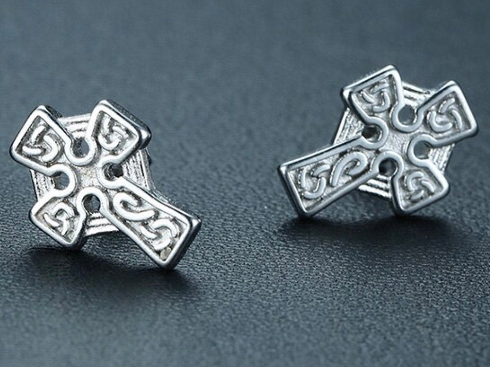Silver-tone Celtic knot cross stud earrings, two-piece pair with post backs