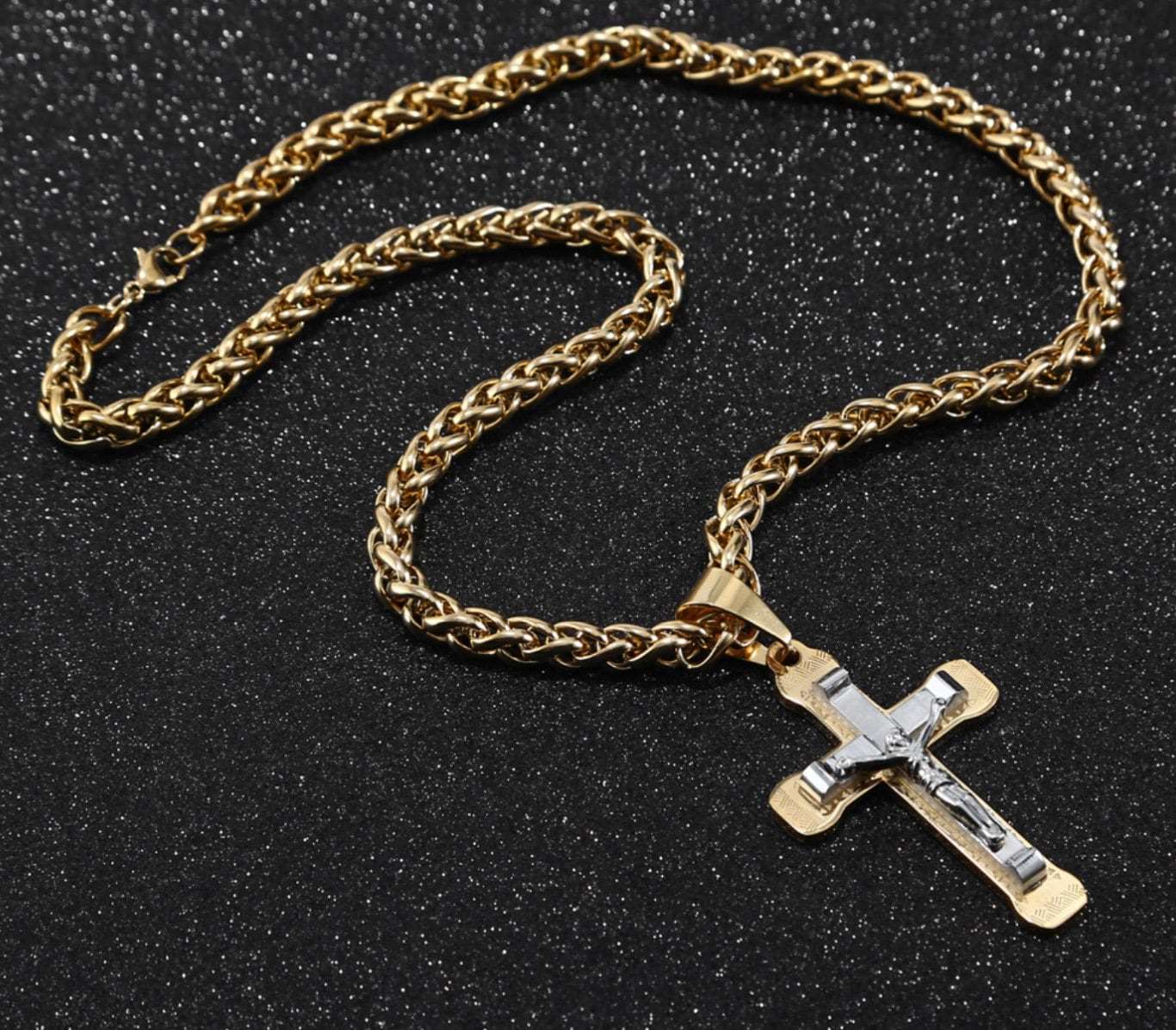 Gold curb chain necklace with two-tone cross pendant