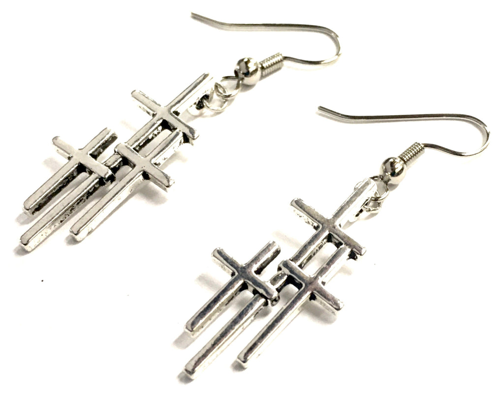 Silver triple cross drop earrings set, stacked cross bars with fishhook backs