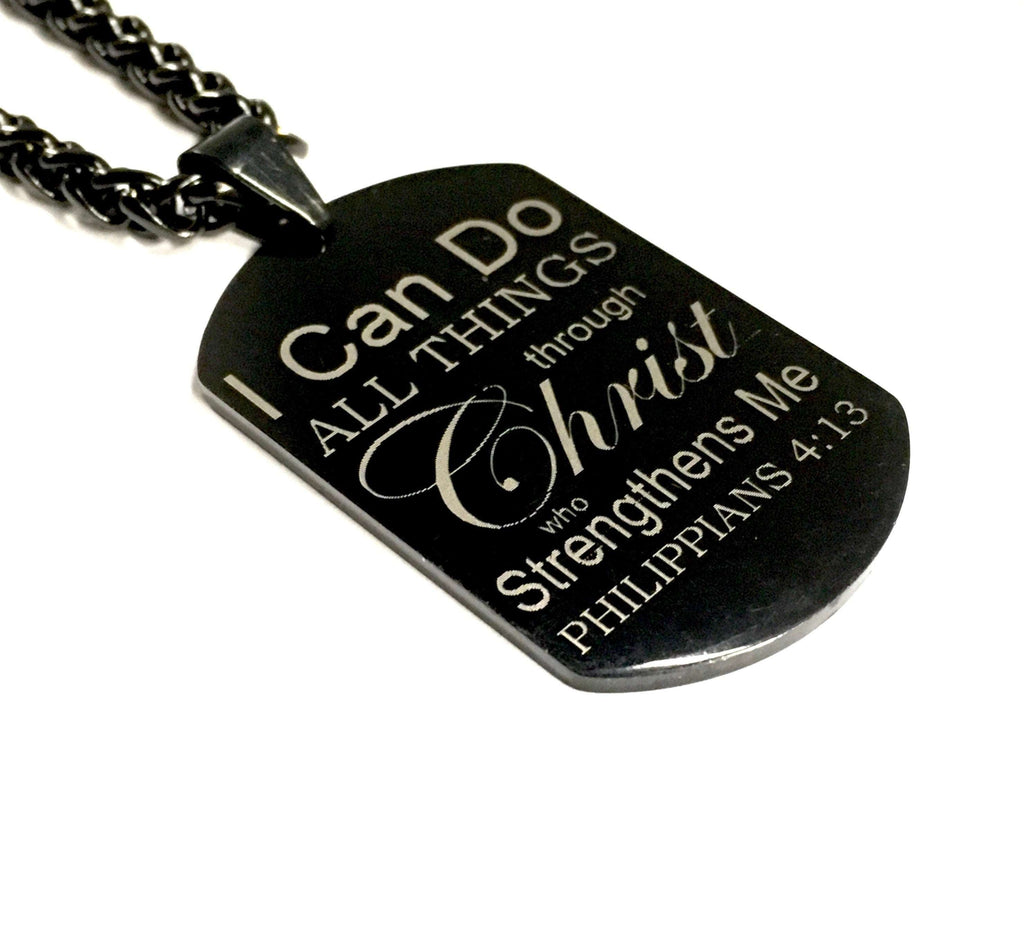 Black dog tag pendant with engraved 'I Can Do All Things...' text on chain