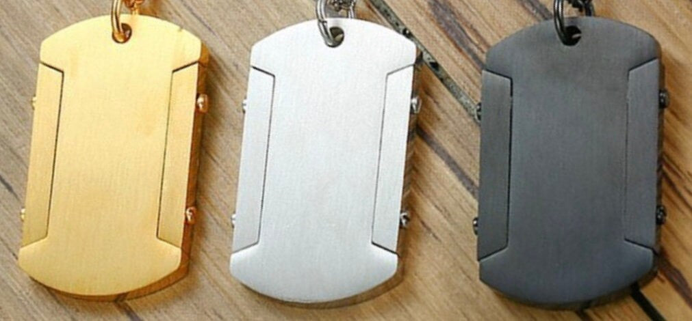 Set of three serenity prayer dog tag necklace pendants: gold, silver, and black