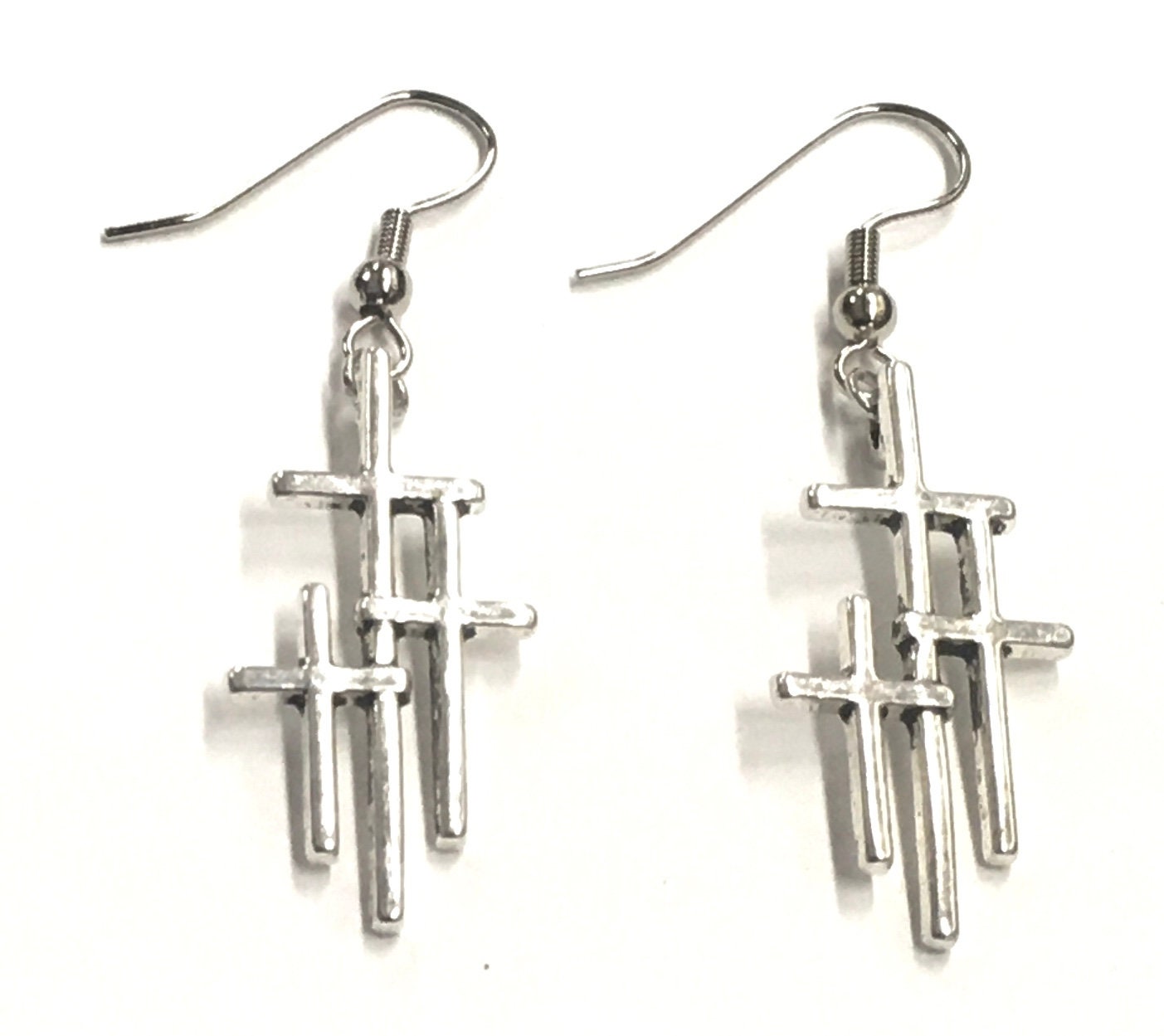 Silver triple cross drop earrings, dangling with layered rectangular cross details