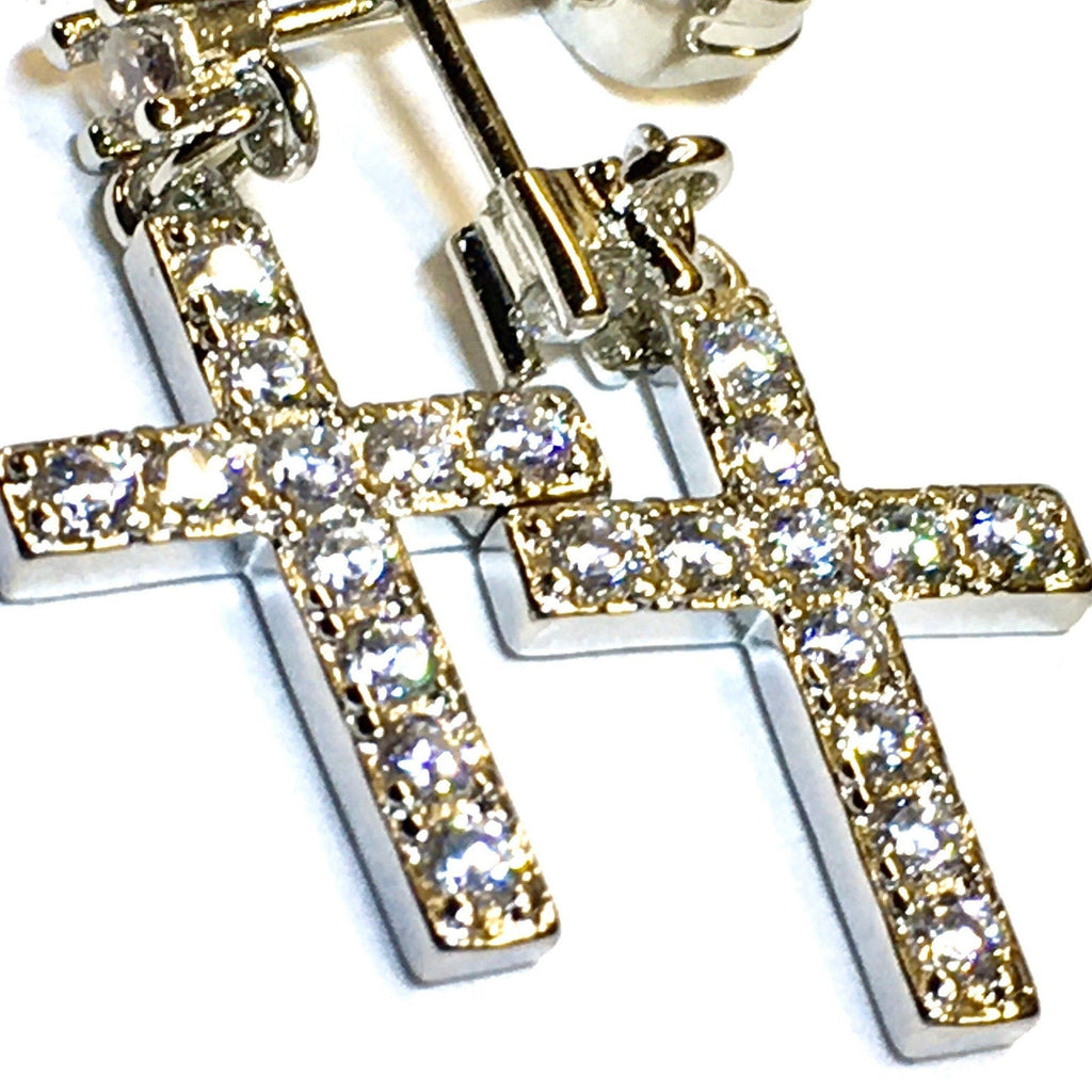 Silver CZ cross drop earrings with dangling cross and glittering stone insets