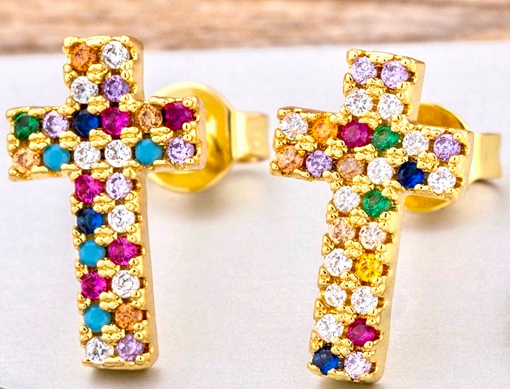 Gold-tone cross stud earrings with multicolor rhinestones, pair front view.
