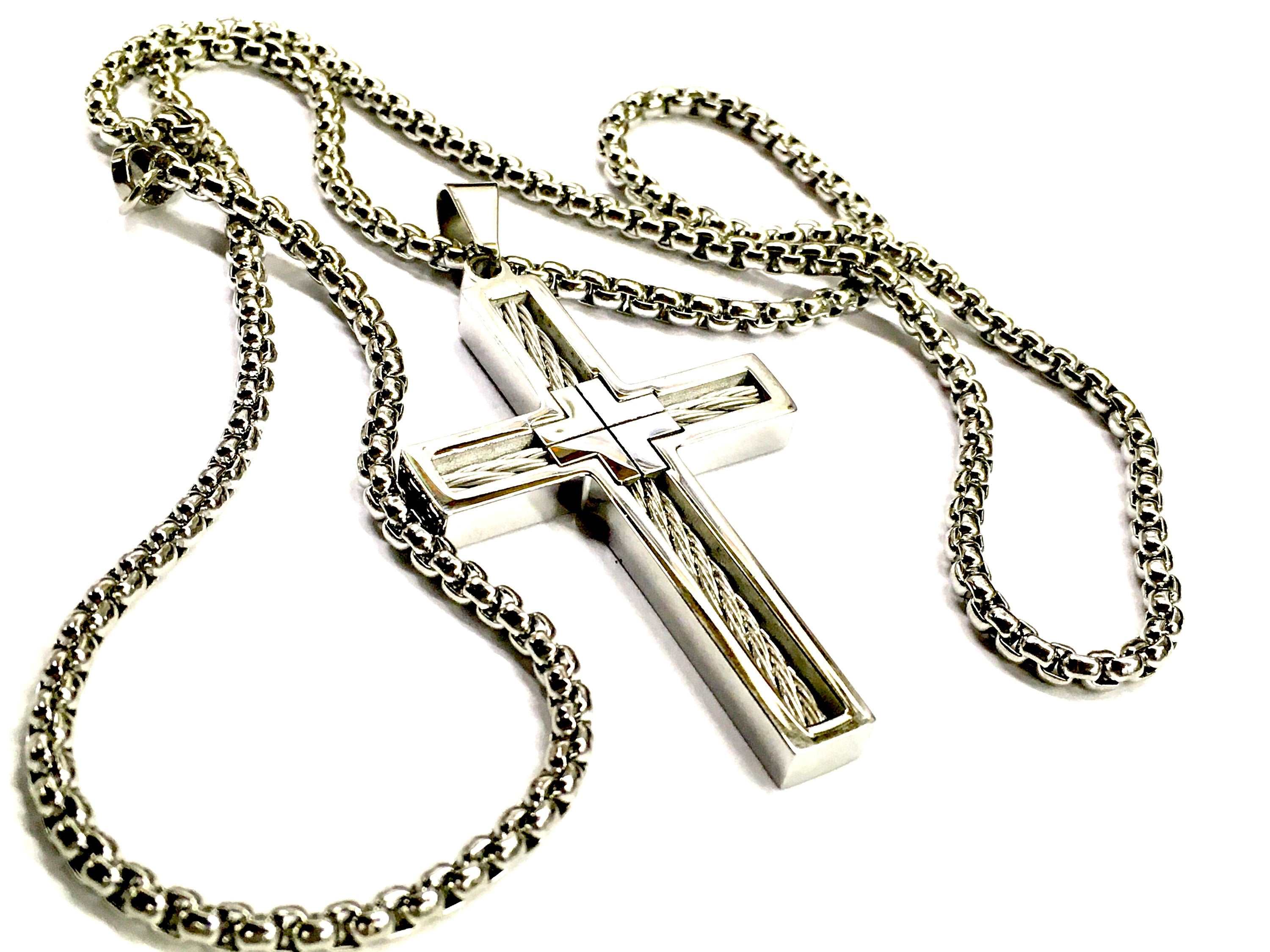 Silver-tone crucifix pendant necklace with box chain