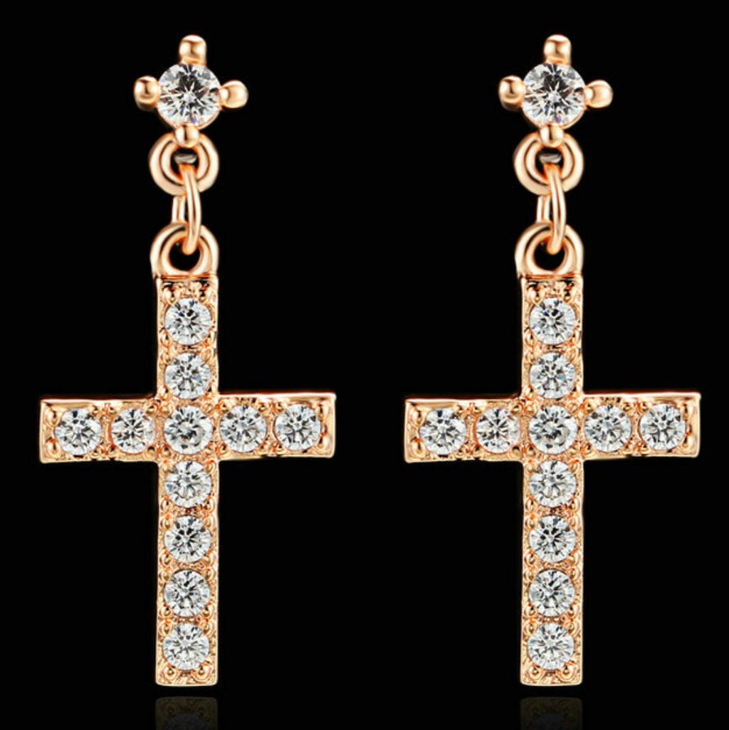 Rose gold CZ cross dangle earrings with round stones and chain-style drop