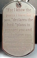 Dog tag pendant necklace, silver-tone with raised Jeremiah 29:11 verse text and ring bail