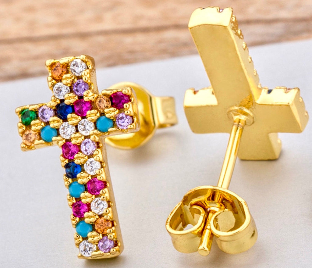 Gold-tone cross stud earrings with multicolor rhinestone clusters, one side view.