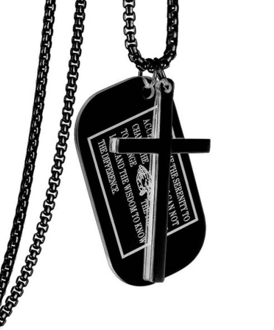 Black dog tag serenity prayer necklace pendant with cross, engraved message, box chain