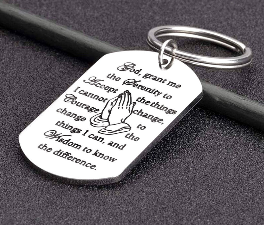 Silver serenity prayer dog tag keychain with engraved quote and metal key ring.