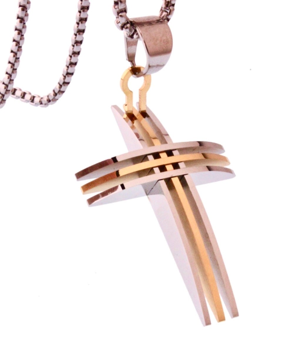 Rose gold and silver triple cross necklace with gold bar pendant and link chain