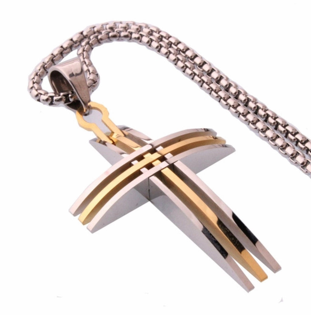 Silver and gold triple cross necklace with stainless steel pendant and link chain