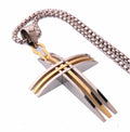 Silver and gold triple cross necklace with stainless steel pendant and link chain