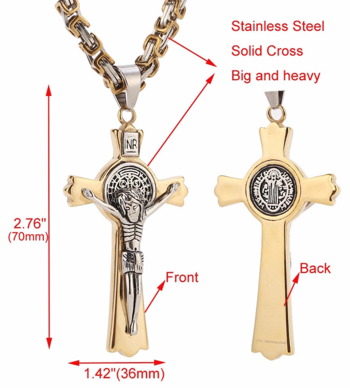 Gold cross pendant necklace with circular Saint Benedict medallion, front and back