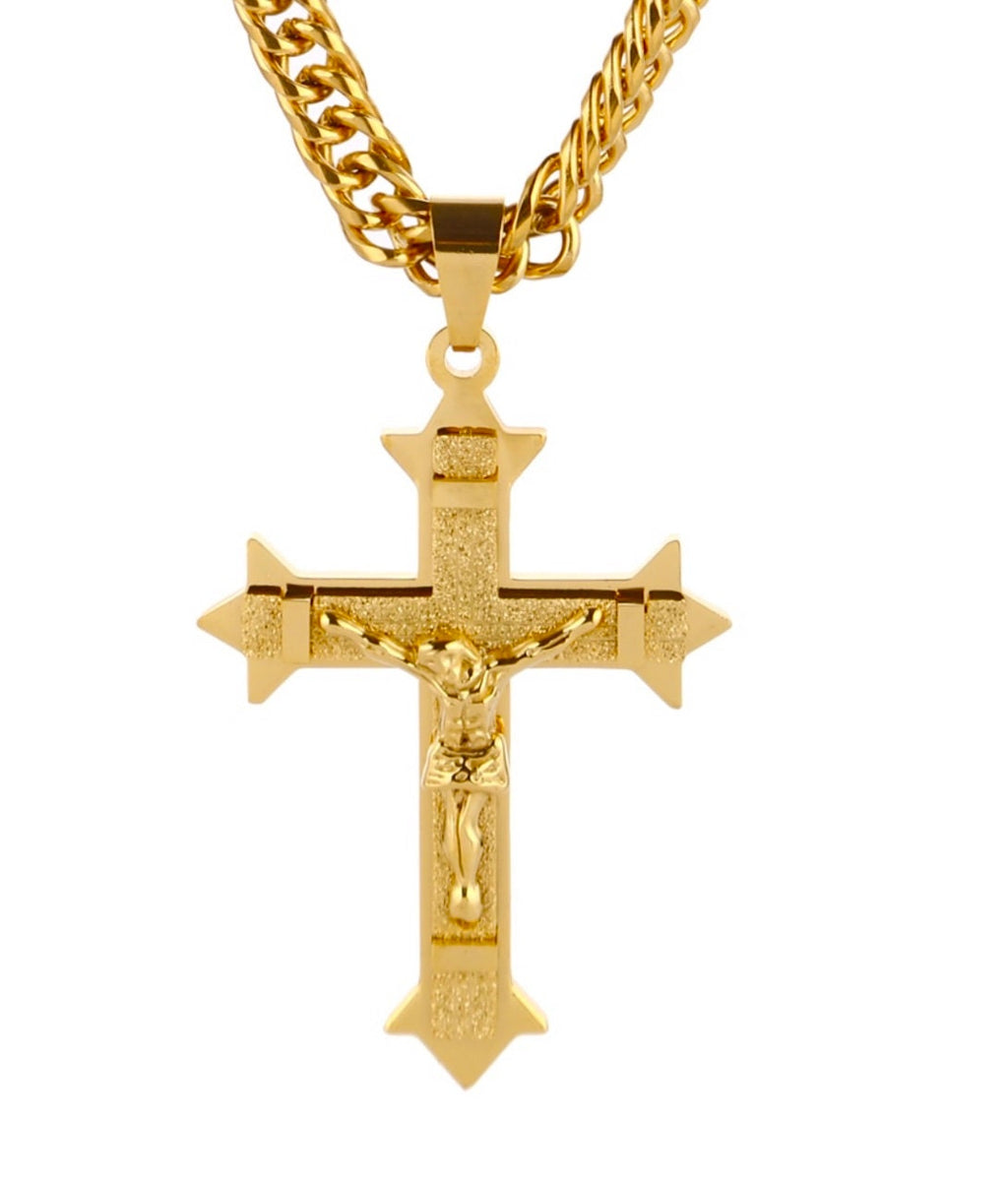 Gold crucifix cross pendant on gold curb chain necklace, polished stainless steel