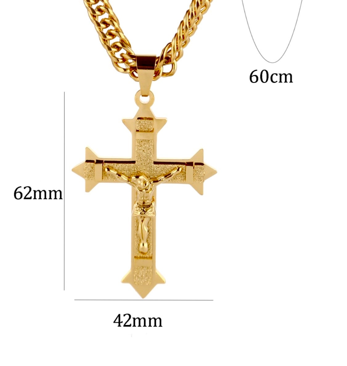 Gold crucifix cross curb chain necklace, 60cm length, 42mm cross size