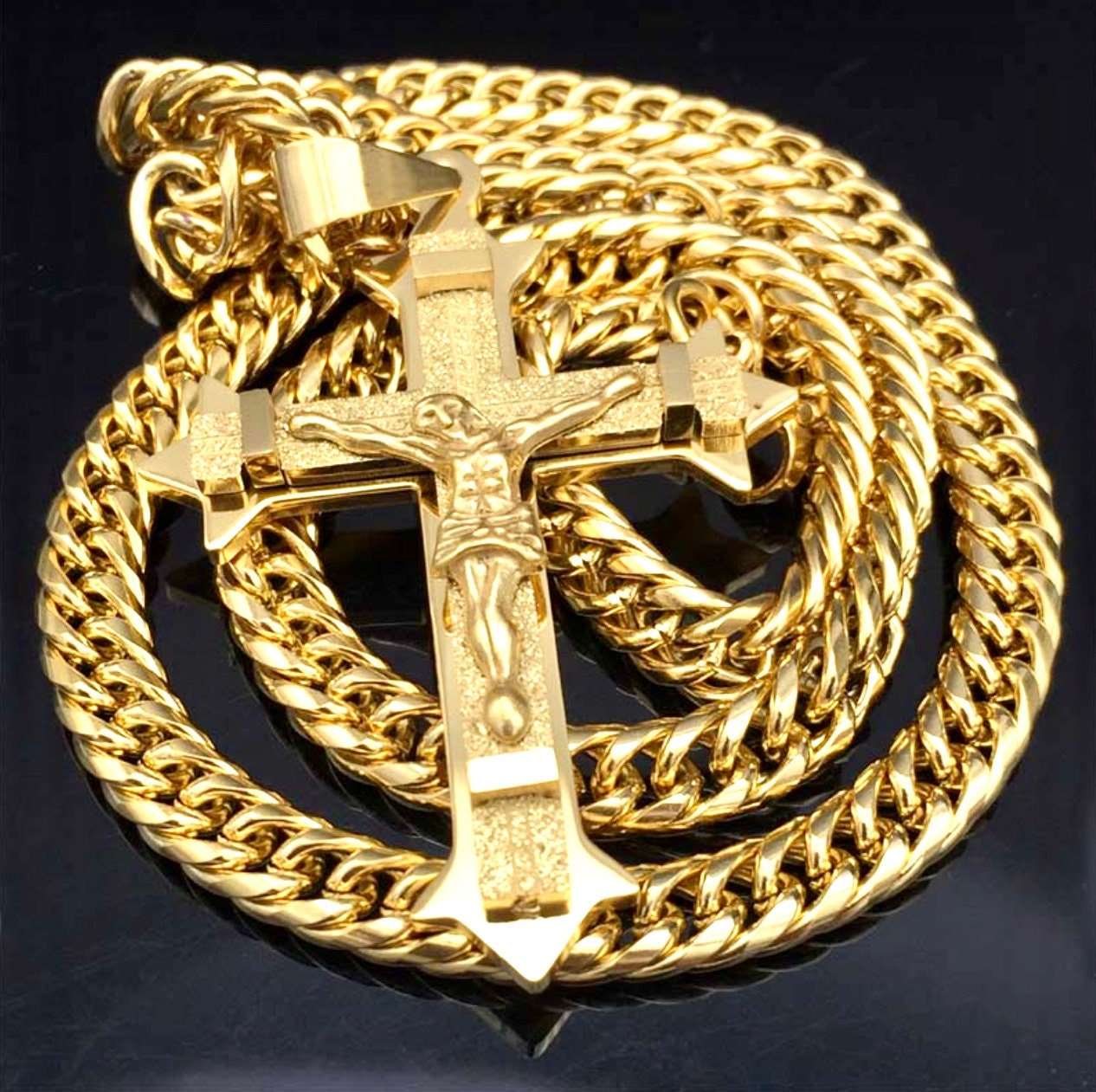 Gold stainless steel crucifix cross pendant with curb chain necklace, polished finish