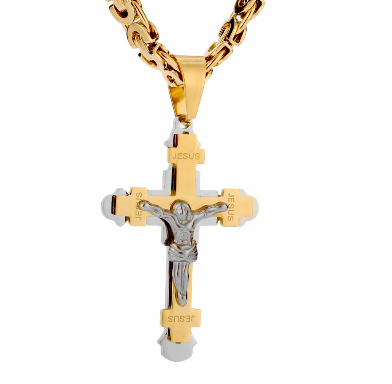 Gold-tone crucifix pendant necklace with silver Jesus center and engraved side marks