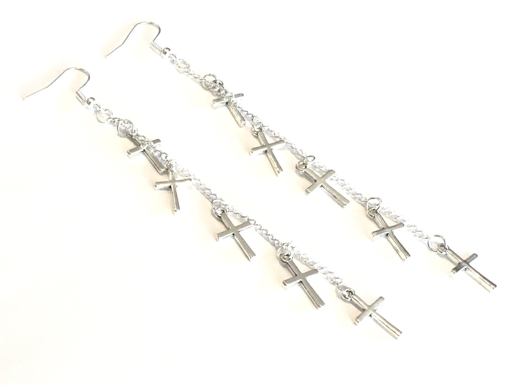 Silver long dangle cross earrings, five stacked crosses on a chain