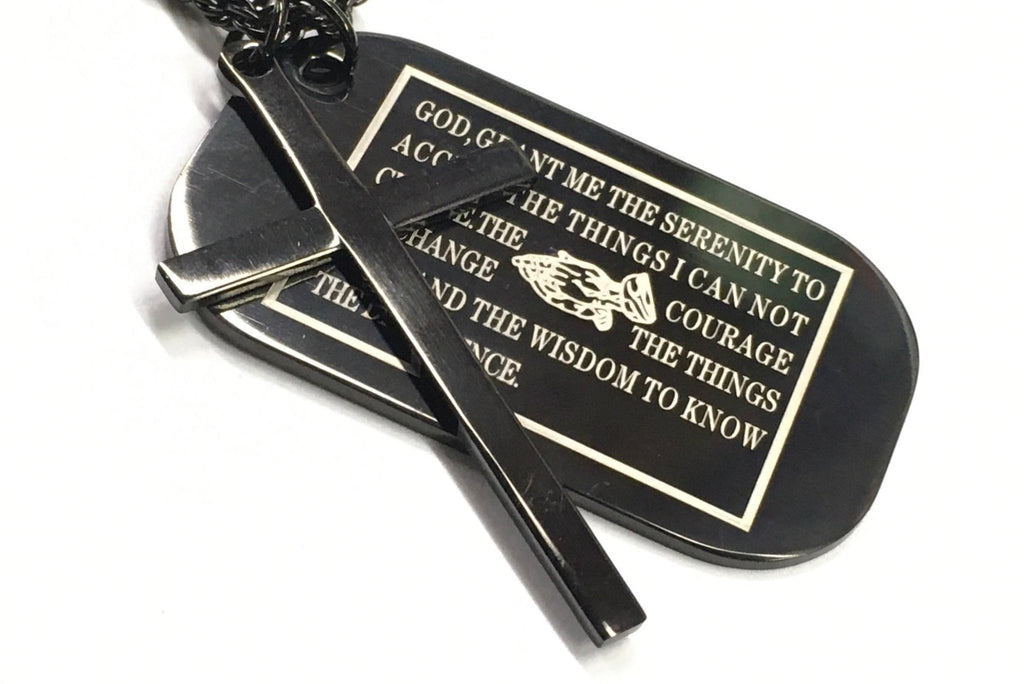 Black dog tag serenity prayer pendant with cross, engraved prayer text on box chain