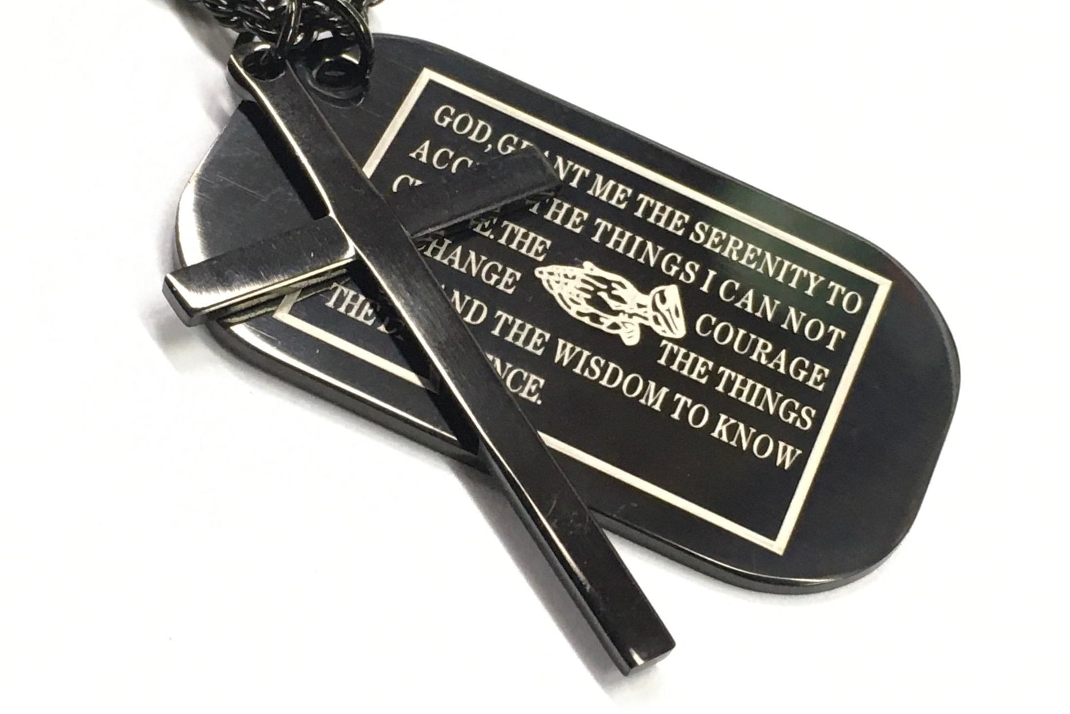 Black dog tag serenity prayer pendant with cross, engraved prayer text on box chain