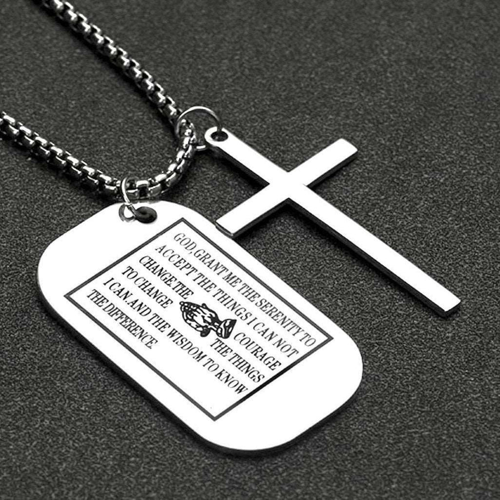Silver dog tag serenity prayer necklace pendant with cross, engraved prayer text