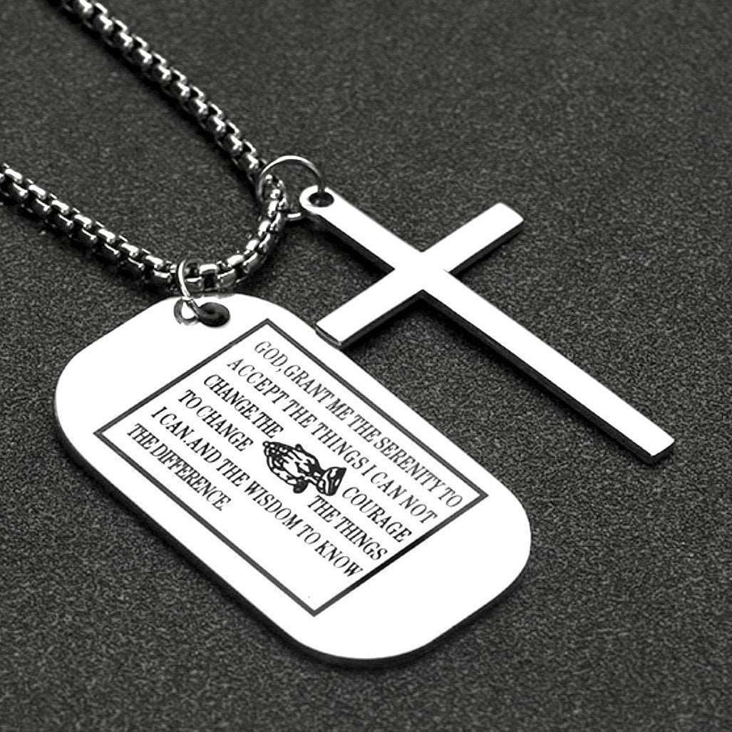Silver dog tag serenity prayer necklace pendant with cross, engraved prayer text