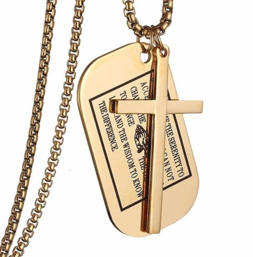 Gold dog tag serenity prayer necklace pendant with cross and engraved message, box chain