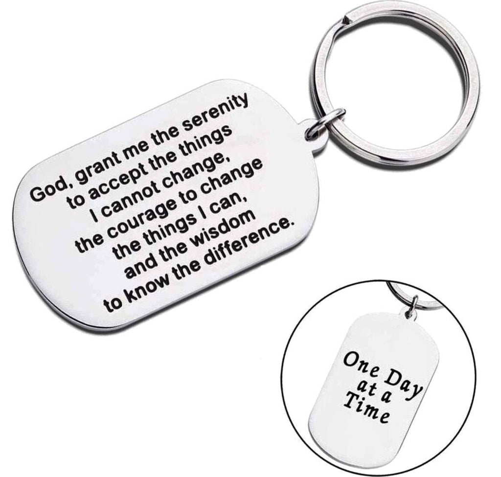 Silver dog tag keychain with prayer text on two sides and split key ring