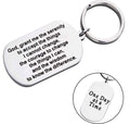Silver dog tag keychain with prayer text on two sides and split key ring