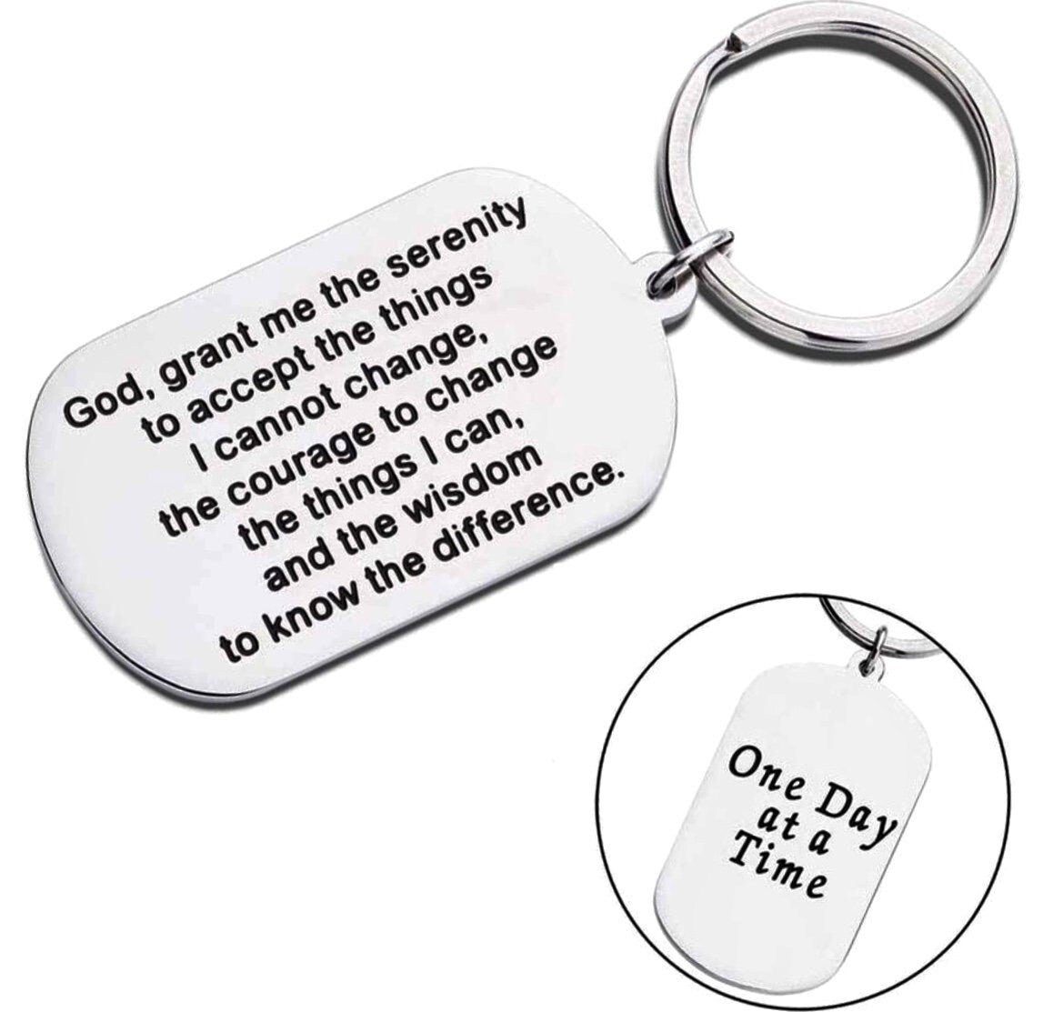 Silver dog tag keychain with prayer text on two sides and split key ring