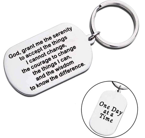 Silver dog tag keychain with prayer text on two sides and split key ring