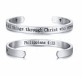 Silver cuff bracelet with engraved Philippians 4:13 and cross accents